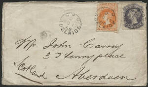 Sth Aust: 1868 QV Perkins-Bacon 2d bright vermilion rouletted SG 26 (marginal example from the right of the sheet) & 4d dull violet perf 11½ SG 71 tied by 'GPO/AU17/68/ADELAIDE' cds on cover to Scotland, ' C /ABERDEEN/OC11/68' arrival b/s, a bit soiled & 