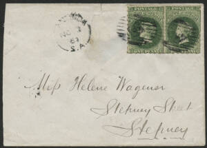 Sth Aust: 1869 QV Perkins-Bacon 1d deep yellow-green rouletted SG 24 horizontal pair tied poor numeral-in-diamond '30' on cover to Stepney with 'TANUNDA/NO3/69/S.A' cds alongside light 'P-O/RAILWAY' transit b/s, flap faults & a little truncated at left.