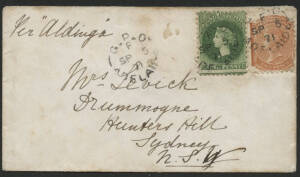 Sth Aust: 1871 QV Perkins-Bacon 1d pale bright green SG 99 plus De La Rue 2d orange perf 10 SG 159 tied by 'G-P-O/SP5/71/ADELAIDE' cds on small cover endorsed "Per Aldinga", Sydney transit & 'HUNTERS HILL' arrival b/s, minor blemishes. [Scarce 3d inter-Co