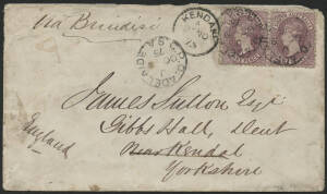 Sth Aust: 1875 QV 9d red-purple perf 11½-12½ SG 77 horizontal pair tied GPO ‘OC9/75’ cds on cover to "Gibbs Hall Dent/near Kendal/Yorkshire" endorsed "Via Brindisi", 'DENT/NO23/75' transit & 'KENDAL' arrival b/s, a bit soiled & with repaired flap faults. 