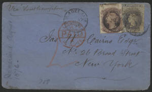 Sth Aust: 1876 QV 6d blue perf 11-12 x roulette & 4d violet rouletted (faults) tied ‘GPO/JU15/76/ADELAIDE’ cds on cover to USA endorsed "via Southampton", ‘LONDON/PAID/14AU76’ transit on face, a few blemishes.