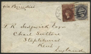 Sth Aust: 1879 QV 1/- brown perf 11-12 & 4d violet perf 11-12 tied ‘GPO ADELAIDE/AP19/79/SA’ duplex cancel on cover to England endorsed "via Brindisi" paying double 8d per ½oz ship letter rate, ‘STAPLEHURST/MY31/79’ arrival b/s, couple of minor blemishes.