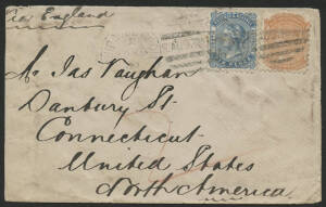 Sth Aust: 1889 QV 6d blue & 2d orange tied ‘SHIP MAIL ROOM/NO15/89/SA’ duplex cancels on cover to USA endorsed "via England", rated "2" in red pencil on face for 2c forwarding fee within America, New York transit and ‘DANBURY, CONN/JAN/6’ arrival b/s, sli