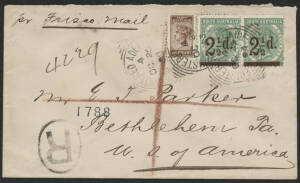 Sth Aust: 1893 QV ‘2½d’ on 4d green overprint pair & Bantam ½d brown tied ‘REGISTERED ADELAIDE/OC25/93/S.A’ squared circles on cover to USA endorsed "per Frisco Mail", ‘SAN FRANCISCO, CAL/NOV231893/REGISTERED’ transit b/s in violet, fine condition.