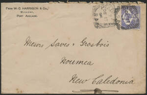 Sth Aust: 1894 ‘WC Harrison, Millers, Port Adelaide’ merchant cover to "Nouméa/New Caledonia" with QV 2½d violet-blue tied 'PT ADELAIDE' squared-circle, minor toning/aging. A very scarce destination from South Australia.