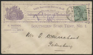 Sth Aust: 1897 ‘Independent Order of Rechabites South Australian District No.81' fancy illustrated cover with Stamp Box at upper left, Coat of Arms at upper right and 'SOUTHERN START TENT NO.1' heading sent to Petersburg with QV 1d green tied Adelaide du