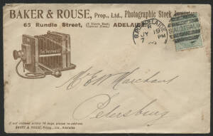 Sth Aust: 1899 ‘BAKER & ROUSE Prop Ltd Photographic Stock Importers’ illustrated advertising cover showing 'Instanto' Box Camera sent to Petersburg with QV 1d green tied Adelaide duplex cancel paying printed matter rate, a few blemishes.