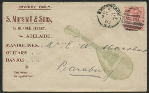 Sth Aust: 1900 ‘S Marshall & Sons MANDOLINES [sic] GUITARS BANJOS’ illustrated advertising cover showing Mandolin in address field with QV 1d red tied Adelaide duplex cancel paying printed matter rate and 'PETERSBURG/OC13/00/S.A' squared circle arrival b/