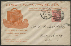 Sth Aust: 1901 ‘BAKER & ROUSE PROPTY LTD Manufacturers and Importers of Photographic Materials’ illustrated advertising cover showing Box Camera sent to Petersburg with QV 1d red tied Adelaide duplex cancel paying printed matter rate, couple of minor blem