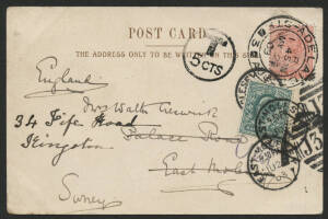 Sth Aust: 1903 ‘Bank of New South Wales, Adelaide’ postcard (undivided back) sent to England with QV 1d red tied Adelaide ‘MY26/03’ cds, taxed with ‘T/5CTS’ and London ‘1D’ h/s, re-addressed with Great Britain KEVII ½d green affixed tied ‘EAST MOLESEY/JU2