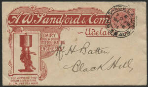 Sth Aust: 1905 ‘AW Sandford & Co Dairy & Refrigerating Engineers’ illustrated cover with QV 1d 'AWS' perfin tied Adelaide cds, 'PALMER' cds & 'BLACK HILL' squared-circle arrival b/s, couple of minor blemishes. [With the enclosed consignment note, that is 