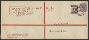 Sth Aust: 1910 'OHMS' registered envelope with 'Education Department' imprint and QV 2d violet & 5d purple (torn on affixing) both punctured 'SA' tied 'REGD ADELAIDE/21DE10/STH AUSTRALIA' cds with Adelaide 'R' label in red alongside, 'THEBARTON/DE22/10/S.
