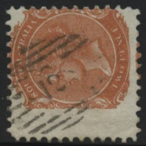 Sth Aust: Numerals-in-Diamond: '12' (rated RR) on QV 2d orange. Allocated to Campbell Town PO 1.1.1855.