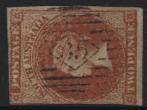 Sth Aust: Numerals-in-Diamond: '35' (rated RR) on QV Perkins Bacon 2d orange imperf (3 margins). Allocated to Watervale; Renamed from Penwortham PO 16.8.1849.