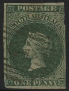 Sth Aust: Numerals-in-Diamond: '44' (rated RR) on QV Perkins Bacon 1d green imperf (3 margins). Allocated to Mount Torrens PO circa 1855.