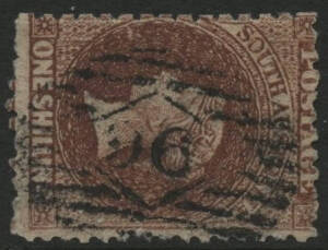 Sth Aust: Numerals-in-Diamond: '96' (rated RRR) on QV Perkins Bacon 1/- brown. Allocated to Mount Pleasant 1856.