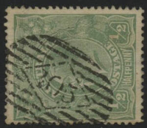 Sth Aust: Numerals-in-Diamond: '105' (rated RR) on KGV ½d green. Allocated to Nuriootpa PO 30.3.1857. [Previously recorded latest use on 1876 issue; here used as a killer at Adelaide?] 