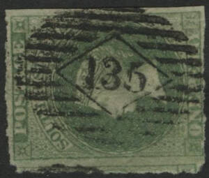 Sth Aust: Numerals-in-Diamond: '135' on QV Perkins Bacon 1d green rouletted. Allocated to Gilberton 1860; closed 1867; re-allocated to Arkaba 1870; closed 1.2.1883; re-allocated to Adelaide as a 'killer' [scarce non-killer usage].