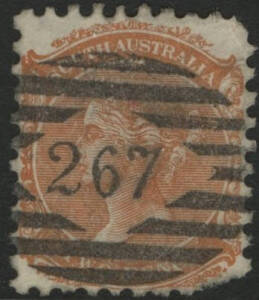 Sth Aust: Numerals-in-Diamond: '267' (RR) on QV 2d orange (rounded corner). Allocated to Tintinarra 1.6.1868; closed 1870; re-allocated to Wye 1871; closed 1917.