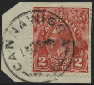 Sth Aust: Cannawigra: ‘CANNAWIGRA/13DE36/S.A’ cds (rated RRRR) on KGV 2d red on piece. RO 10.9.1911; PO 1.7.1927; renamed Cannawigara PO circa 1941; closed 31.1.1947.