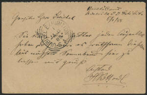 Sth Aust: Jubilee Exhibition: 'JUBILEE EXHIBITION/JA5/88/S-A' squared circle arrival b/s on (1d+)1d Postal Card Reply Half to Kent Town, the message - in German - headed "Harod's [?] Court/Adelaide JJ Exhibition" but with Adelaide cancel & Norwood arrival