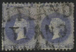 Sth Aust: Maitland: '[MA]ITLAND' straight-line cancel two strikes on QV 6d chalky blue perf 10x12½ pair. PO circa 1874. [Status unknown; unrecorded in PSSA although several similar markings from other offices are illustrated: eg 'GEORGE TOWN']