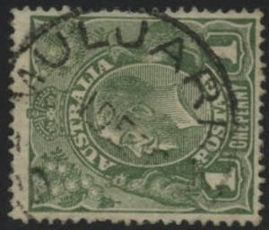 Sth Aust: Muljarra: ‘MULJARRA/1DE26/S.[A]’ cds (rated RRR) on KGV 1d green. Renamed from Pata PO 1.10.1918; renamed Pata PO 1.11.1929.