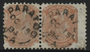 Sth Aust: Paratoo: 'PARATOO/OC15/84/S A' cds (rated RRR) two strikes on QV DLR 2d orange pair. PO 18.8.1864; closed 1.4.1886. [Copper Mining]