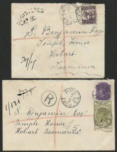 Sth Aust: Port Pirie West: 'PT PIRIE WEST/JA10/05' squared-circle with corners removed (rated R) on QV 5d purple on Tatts cover with curved 'REGISTERED/No' h/s alongside, also ‘PORT PIRIE/NO12/04/S-A’ cds (25mm) on QV 2d violet & Long Tom 3d olive (corner