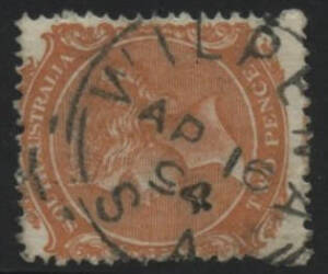 Sth Aust: Wilpena: ‘WILPENA/AP16/84/S.A' cds (rated RR) QV DLR 2d orange. PO 14.6.1864; closed circa -.4.1865; PO 1.8.1882; closed circa 1907.