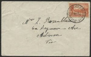 Sth Aust: TPO Alice Springs: 'QUORN-ALICE SPRINGS/25DE34/T.P.O.' cds (Christmas Day) on Vic Centenary 2d on cover to Victoria, minor creasing. Renamed from Quorn-Stuart TPO 35/7/1930; renamed to Central Australian Rail TPO 11/3/1957.