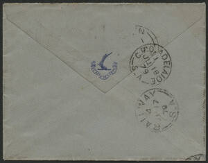 Sth Aust: TPO Burra Line: ‘RAILWAY/JU17/79/S.A’ cds (rated RRR) b/s on cover to “Colonial Sugar Refining Coy” Sydney with QV 2d orange tied ‘HAMLEY BRIDGE/S.A’ cds, couple of minor blemishes. [Presgrave states this datestamp was used on the Burra Line unt