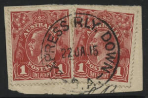 Sth Aust: TPO Express Railway: ‘EXPRESS RLY. DOWN/22JA15/S.A’ cds (Presgrave type 19, PSSA type C4, recorded 1909-17 only, rated R) on KGV 1d red x2 on piece. PO circa 1890; closed 30.9.1917. [Adelaide - Broken Hill Line]