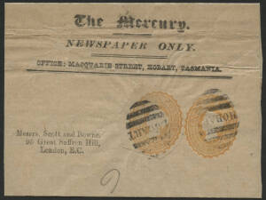Tasmania: 1890s QV ½d orange oval Newspaper Wrapper printed to private order with ‘The Mercury/ NEWSPAPER ONLY/OFFICE: MACQUARIE SRTEET, HOBART, TASMANIA’ heading sent to England with another QV ½d orange oval wrapper cut-out affixed alongside tied ‘HOBAR