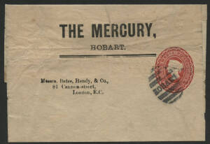 Tasmania: 1890s QV 1d red oval Newspaper Wrapper printed to private order with ‘THE MERCURY/HOBART’ heading sent to England with ‘HOBART’ bars cancel, couple of blemishes. [132mm wide; showing White Dot in ‘R’ constant plate flaw]