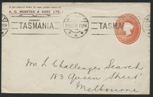 Tasmania: 1912 QV 1d red oval Envelope printed to private order for ‘AG WEBSTER & SONS LTD/HOBART’ sent to Melbourne with Hobart ‘23DE12’ roller cancel, couple of minor blemishes.