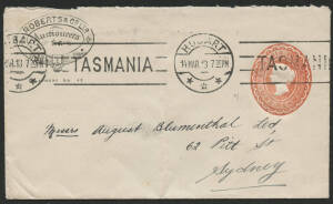 Tasmania: 1913 QV 1d red oval Envelope printed to private order for ‘ROBERTS & CO LTD/AUCTIONEERS’ sent to Sydney with Hobart ‘14MR13’ roller cancel, couple of minor blemishes. [Colonial stamps and postal stationery remained valid for postage after the in