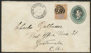 Tasmania: 1895 QV 2d green Envelope sent to Guatemala, Central America with QV Tablet ½d added tied barred numeral ‘69’ and ‘NEW NORFOLK/JA11/95/TASMANIA’ cds, New York & New Orleans transits and ‘RECIBIDA/MAR11 1895/en Guatamala’ arrival b/s, minor blemi