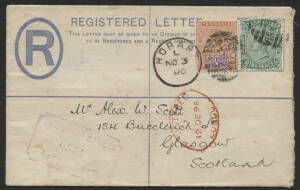 Tasmania: 1896 QV ‘REGISTRATION FEE’ Registered Envelope with QV Tablet ½d & Sideface 2d added tied Hobart ‘NO3/96’ duplex cancels and ‘REGISTERED/HOBART’ chamfered-boxed cachet in blue alongside sent to Scotland, ‘REGISTERED/12DE96/LONDON’ in red & ‘REGI