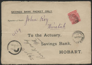 Tasmania: 1897 ‘SAVINGS BANK PACKET ONLY’ front to Hobart with QV Sideface 1d tied barred numeral ‘229’ and ‘WARATAH/FE26/97/TASMANIA’ cds paying the concessional registered rate, circular ‘R’ cachet alongside, light central fold. [Tasmanian Postal Rates 