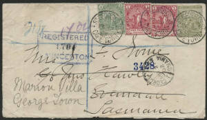 Tasmania: 1902 Cape of Good Hope Britannia ½d green, 1d red x2 and 4d olive tied ‘ST GEORGES ST/FE19/02/CAPE TOWN’ cds on cover with ‘REGISTERED/LAUNCESTON’ chamfered-boxed h/s in blue on face, re-directed with ‘EVANDALE/MR18/02/TASMANIA’ transit b/s and 