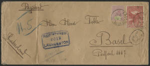 Tasmania: 1905 long cover with QV Tablet 1/- violet & green and Pictorial 1d red (corner fault) tied ‘LAUNCESTON/JA2/05’ cds to “Henri Tobler”, Switzerland paying quadruple 2½d per ½oz rate plus 3d registration fee, blue boxed ‘REGISTERED/LAUNCESTON’ h/s 