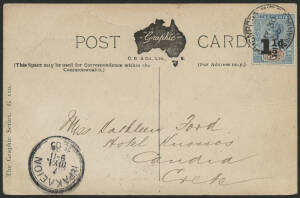 Tasmania: 1905 ‘Sheep’ postcard sent to Crete with QV Tablet ‘1½d’ on 5d overprint tied ‘DEVONPORT WEST/ MY30/05/TASMANIA’ cds, Greek Heraklion arrival d/s, fine condition. [The message written on view side only as required by UPU regulations until 1907 t