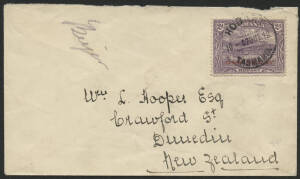 Tasmania: 1912 Pictorial 2d violet ‘ONE PENNY’ overprint tied Hobart ‘20DE12’ cds on cover to New Zealand, couple of minor blemishes. [The uniform 1d Australian domestic letter rate & the 1d British Empire rate were both introduced on 1 May 1911, making 2