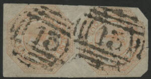 Tasmania: Barred Numerals: ‘13’ (first allocation, rated R) two strikes on QV Courier 4d orange imperf pair (4 margins, very thin paper, Cat £750+), minor faults. Allocated to Bothwell PO 1.6.1832.