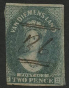 Tasmania: Barred Numerals: ‘36’ manuscript on QV Chalon 2d green wmk "2" numeral imperf (3 margins). Allocated to Huon PO 31.8.1848; renamed Franklin-Huon PO 8.12.1853; renamed Franklin PO 22.2.1878.