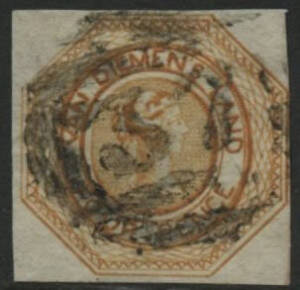 Tasmania: Barred Numerals: ‘37’ (first allocation, rated RR) on QV Courier 4d orange imperf (3½ margins). Allocated to Jericho PO 20.9.1852; closed 31.8.1962.