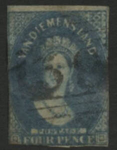 Tasmania: Barred Numerals: ‘39’ (first allocation, rated RR) on QV Chalon 4d blue imperf (2½ margins). Allocated to Kangaroo Point PO 24.6.1832; renamed Bellerive PO 31.12.1881.
