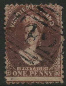 Tasmania: Barred Numerals: ‘42’ (first allocation, serif on ‘4’, rated RR) on QV Chalon 1d red perf 12 (oxidized). Allocated to Macquarie River PO 1.6.1832; closed 16.4.1876. [Late use: first allocation numerals were supposed to be withdrawn and replaced 
