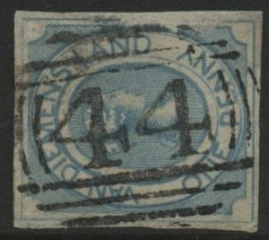 Tasmania: Barred Numerals: ‘44’ (first allocation) on QV Courier 1d blue imperf (4 margins), repaired faults. Allocated to New Norfolk PO 1.6.1832.